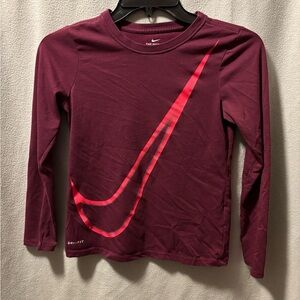 Nike Kids Long Sleeve Tee in Burgundy with Pink Swoosh